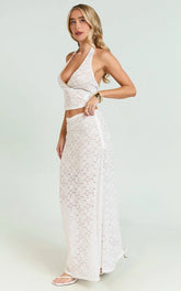 Two Piece Set - Stretch Lace Halter Top and Maxi Skirt in White